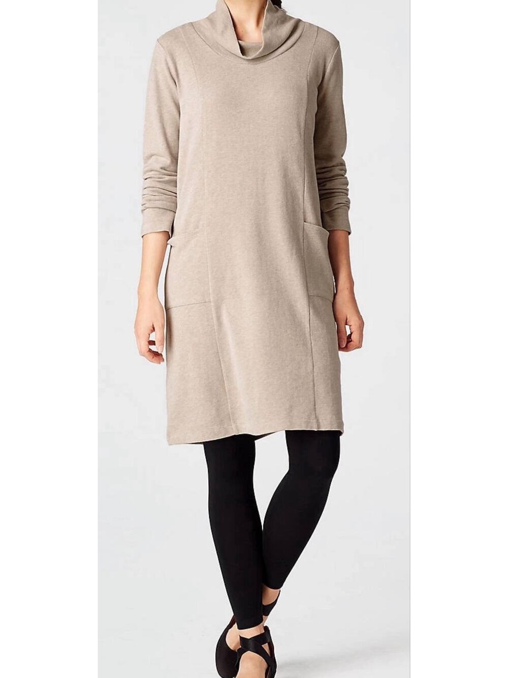Pure Jill Soft-Touch Cowl Neck Dress Beige Size Medium Relaxed Fit Casual Cotto